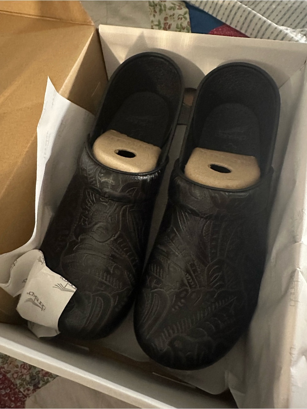 Dansko Women’s Black Leather Embossed Slip-On Clogs